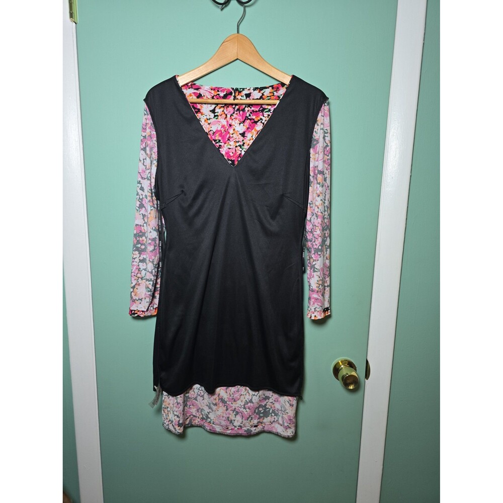 Guess Pink & Orange Floral Cocktail Dress Rutched Waist Stretch size 12 - Picture 4 of 6